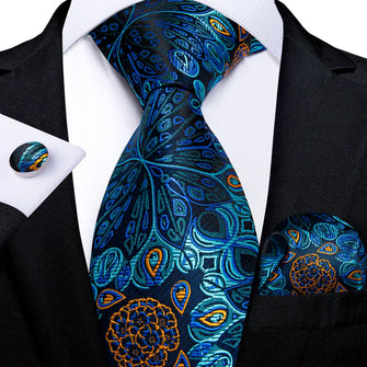 Attractive Blue Floral Tie Handkerchief Cufflinks Set