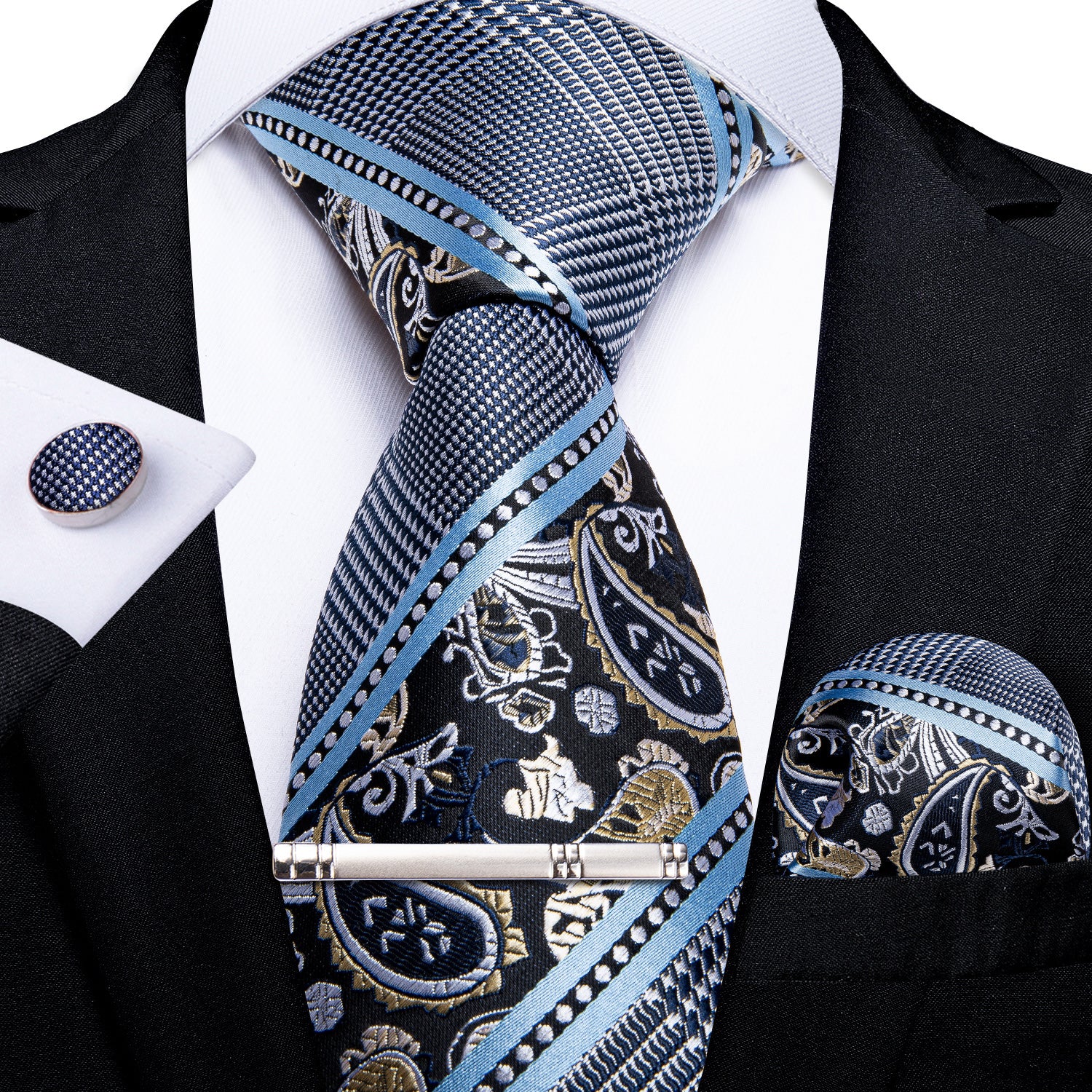 Grey Blue Novelty Men's Tie Handkerchief Cufflinks Clip Set