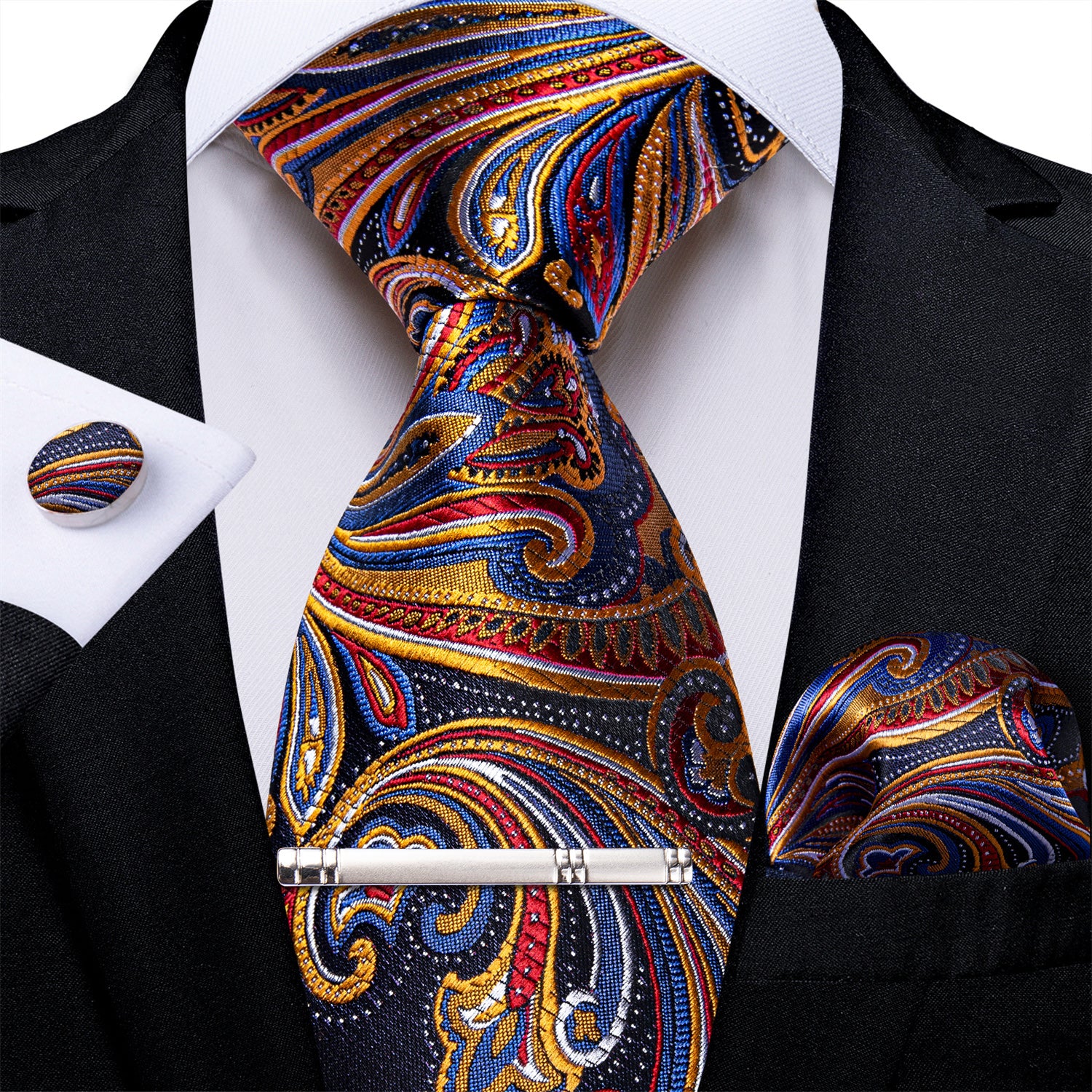 Blue Red Golden Floral Men's Tie Handkerchief Cufflinks Clip Set