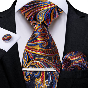 Blue Red Golden Floral Men's Tie Handkerchief Cufflinks Clip Set