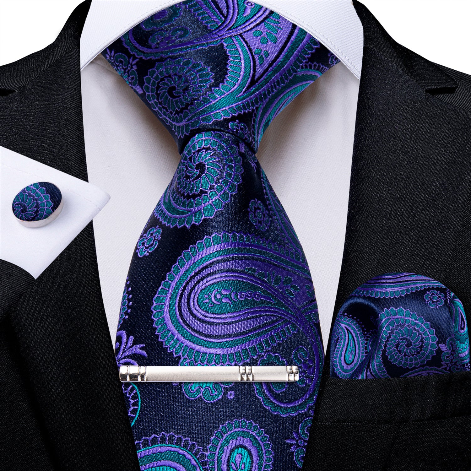 Blue Paisley Men's Tie Handkerchief Cufflinks Clip Set