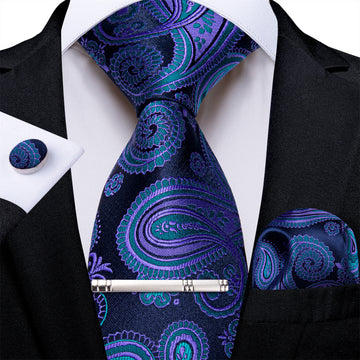 Blue Paisley Men's Tie Handkerchief Cufflinks Clip Set