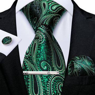 Green Paisley Men's Tie Handkerchief Cufflinks Clip Set