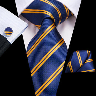 Dibangu Men's Tie Blue Gold Striped Silk Tie Pocket Square Cufflinks Set