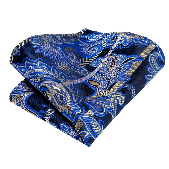 Blue Floral Tie Pocket Square Cufflinks Clip Set