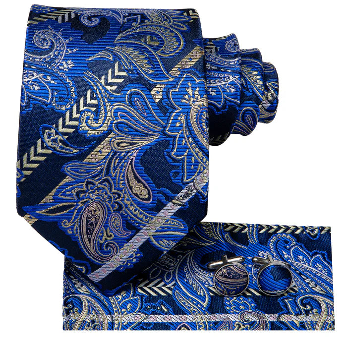 Blue Floral Tie Pocket Square Cufflinks Clip Set