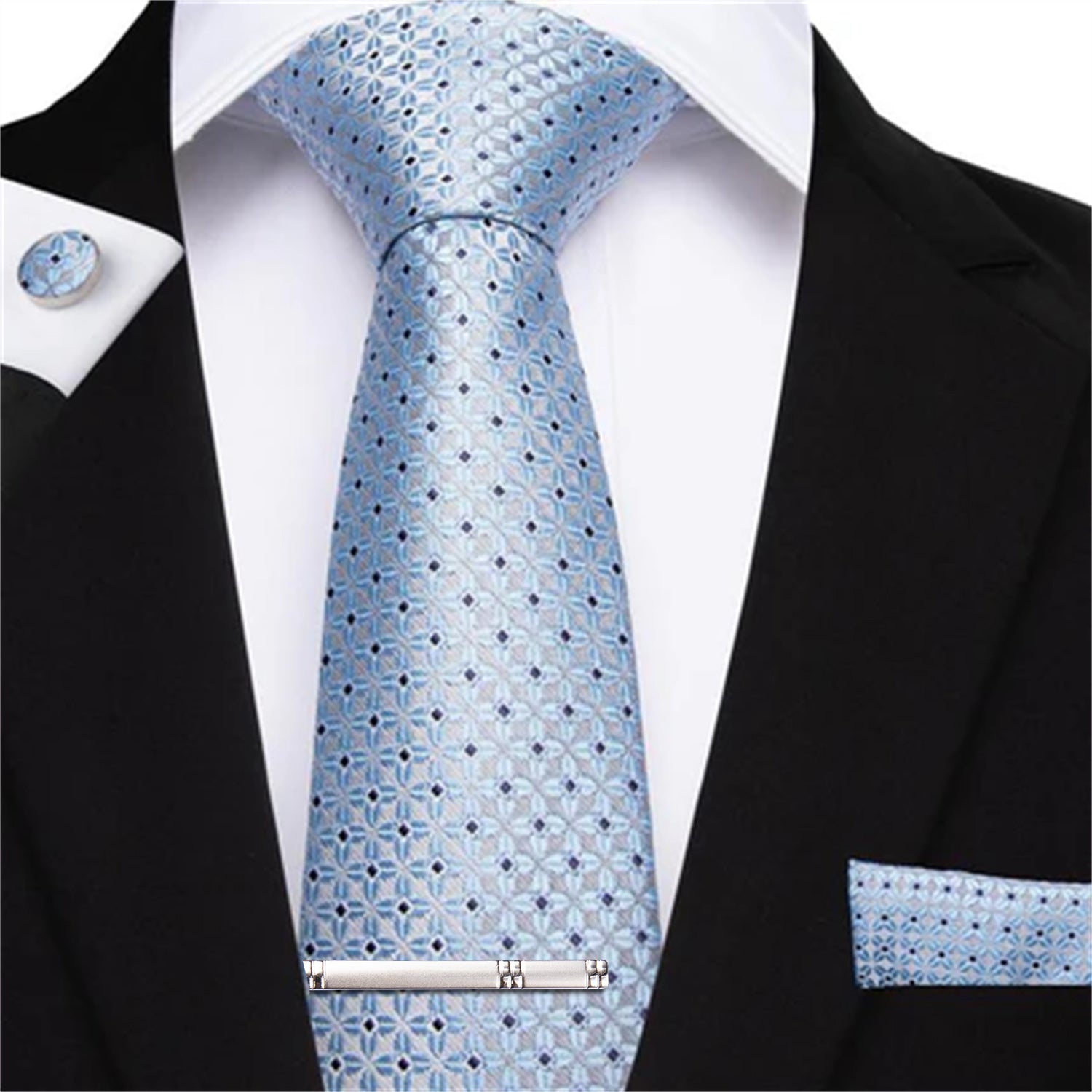 Blue Brown Plaid Men's Tie Pocket Square Cufflinks Clip Set