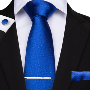 Blue Plaid Men's Tie Handkerchief Cufflinks Clip Set
