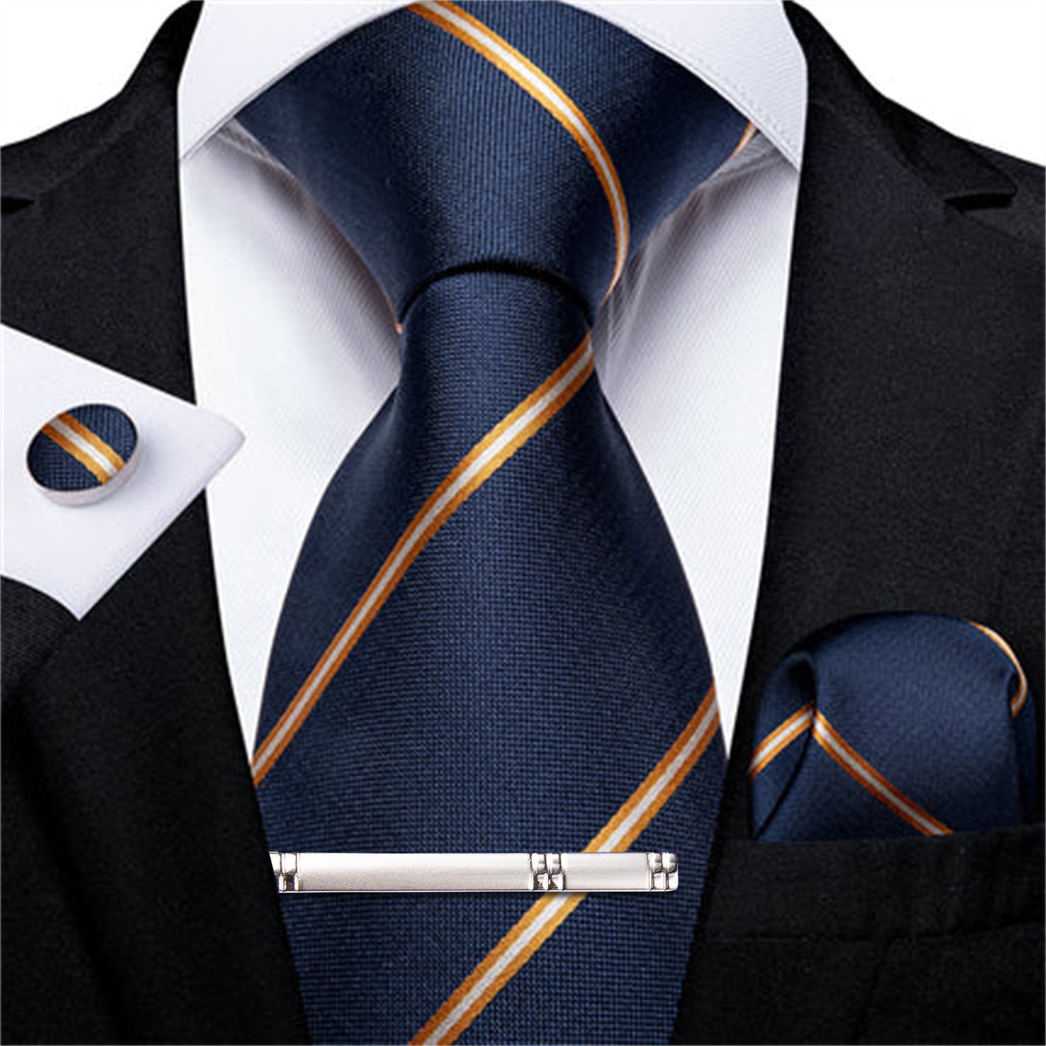 Blue Orange Striped Men's Tie Handkerchief Cufflinks Clip Set