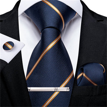 Blue Orange Striped Men's Tie Handkerchief Cufflinks Clip Set