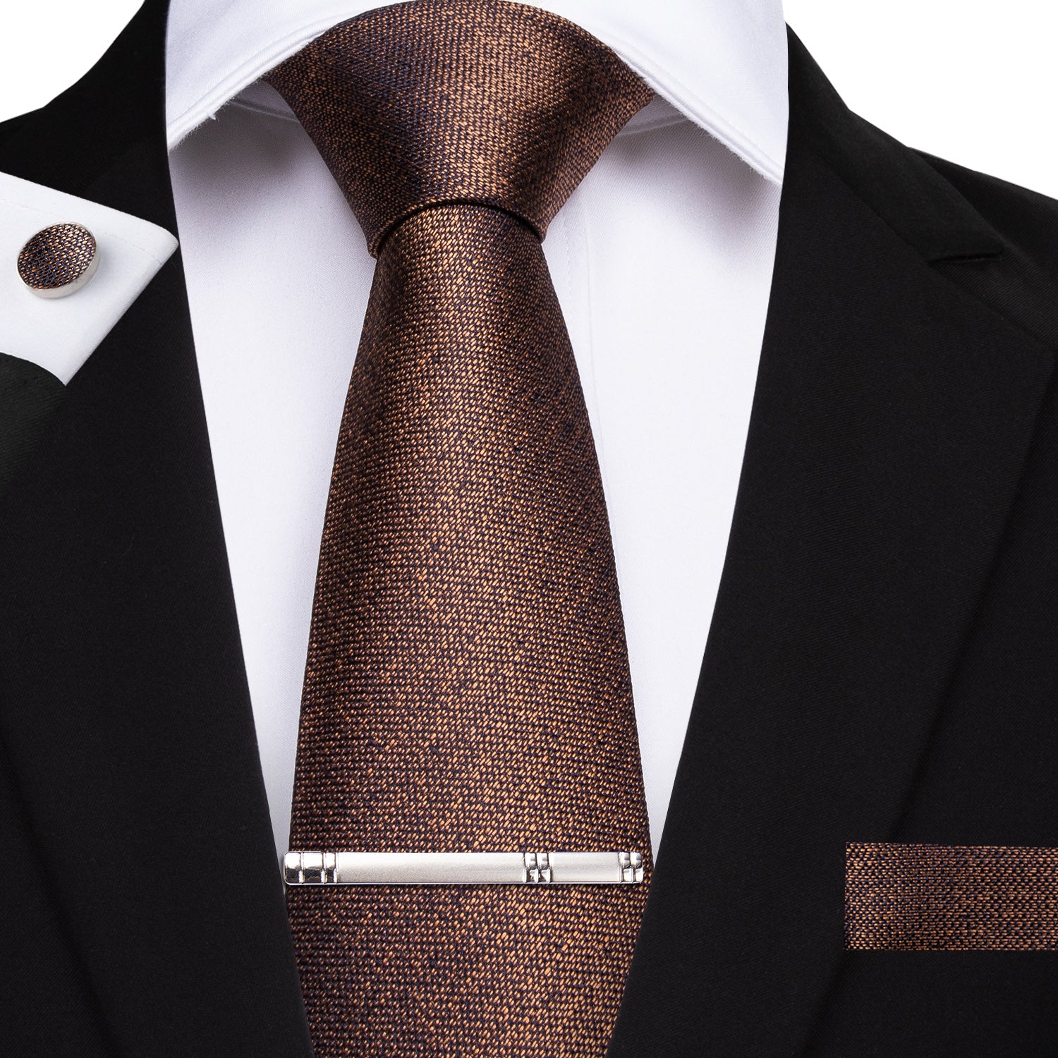Brown Solid Men's Tie Handkerchief Cufflinks Clip Set