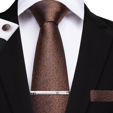 Brown Solid Men's Tie Handkerchief Cufflinks Clip Set