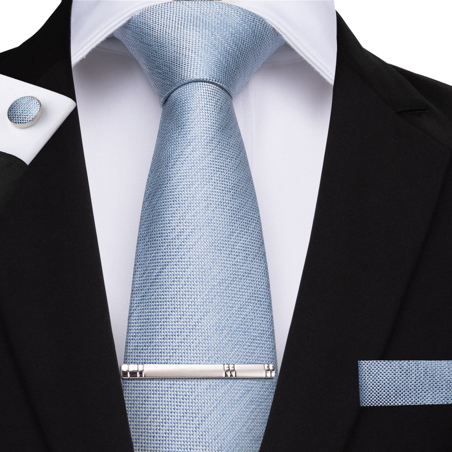 Pale Blue Solid Men's Tie Handkerchief Cufflinks Clip Set