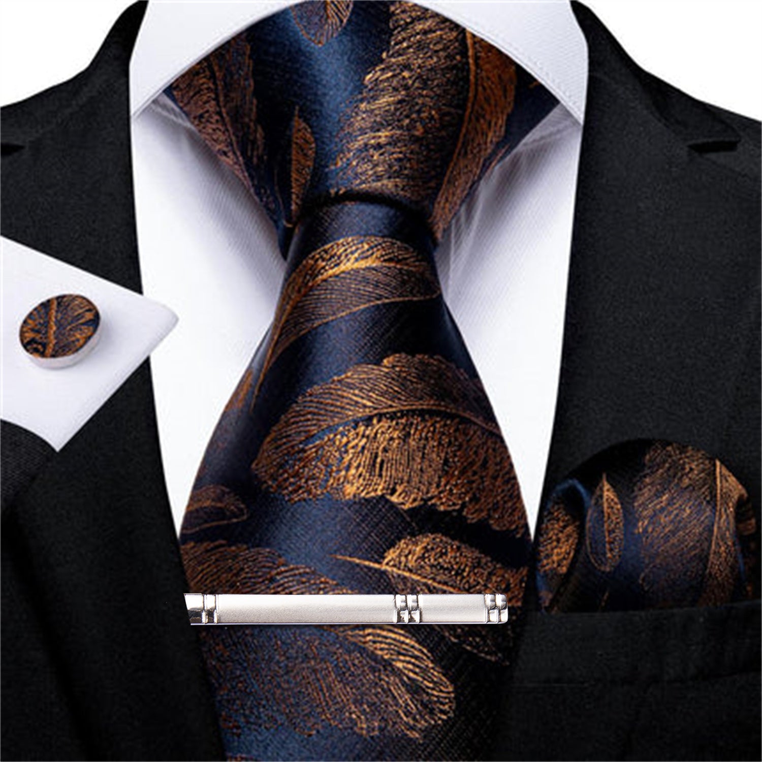 Blue Brown Feather Novelty Men's Tie Handkerchief Cufflinks Clip Set