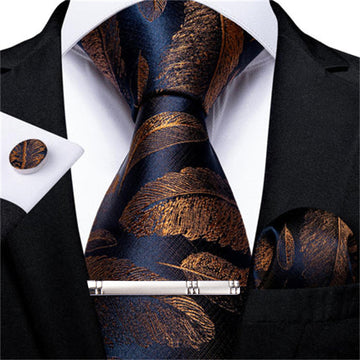 Blue Brown Feather Novelty Men's Tie Handkerchief Cufflinks Clip Set