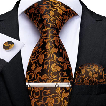 Gold Black Floral Men's Tie Handkerchief Cufflinks Clip Set
