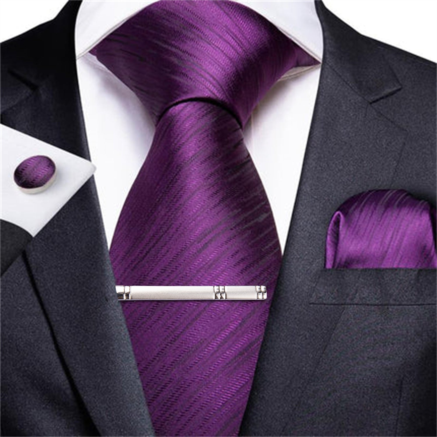 DiBanGu Silk Tie Purple Striped Men's Dress Tie Handkerchief Cufflinks Clip Set