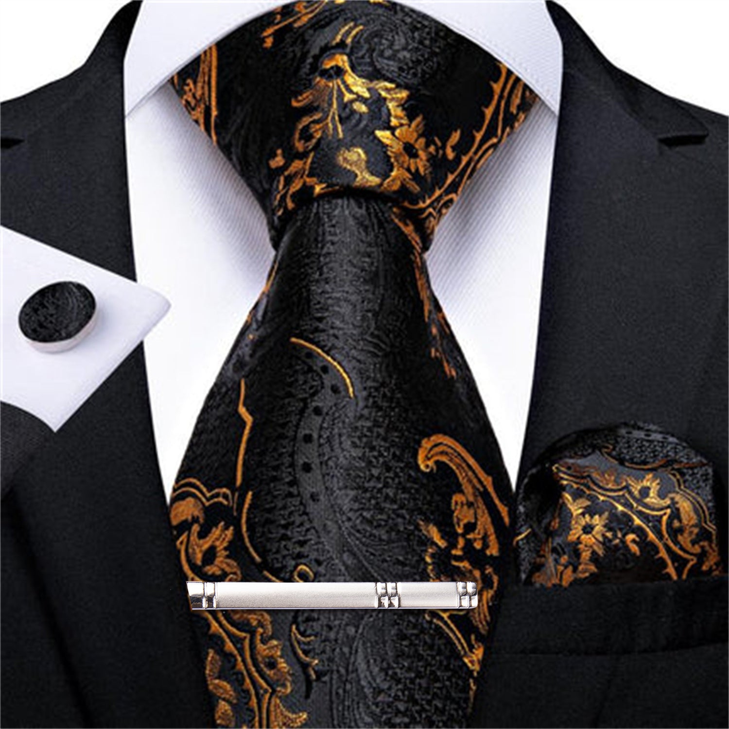 Black Yellow Floral Tie Pocket Square Cufflinks Clip Set