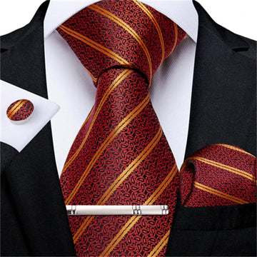 Orange Red Yellow Stripe Tie Pocket Square Cufflinks Clip Set