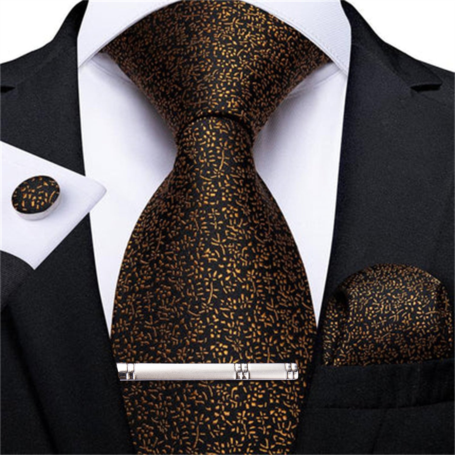 Brown Floral Tie Pocket Square Cufflinks Clip Set