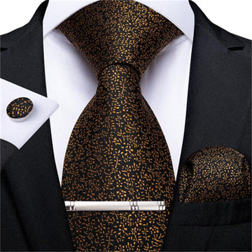 Brown Floral Tie Pocket Square Cufflinks Clip Set