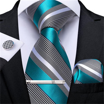 Black White Cyan Blue Stripe Tie Pocket Square Cufflinks Clip Set