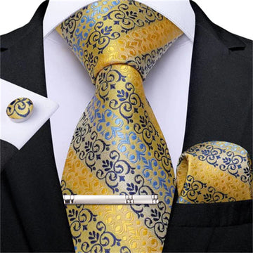 Yellow Blue Floral Tie Pocket Square Cufflinks Clip Set