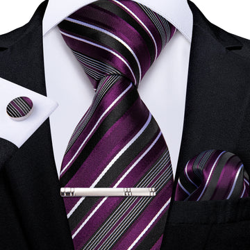 Purple White Black Striped Men's Tie Handkerchief Cufflinks Clip Set