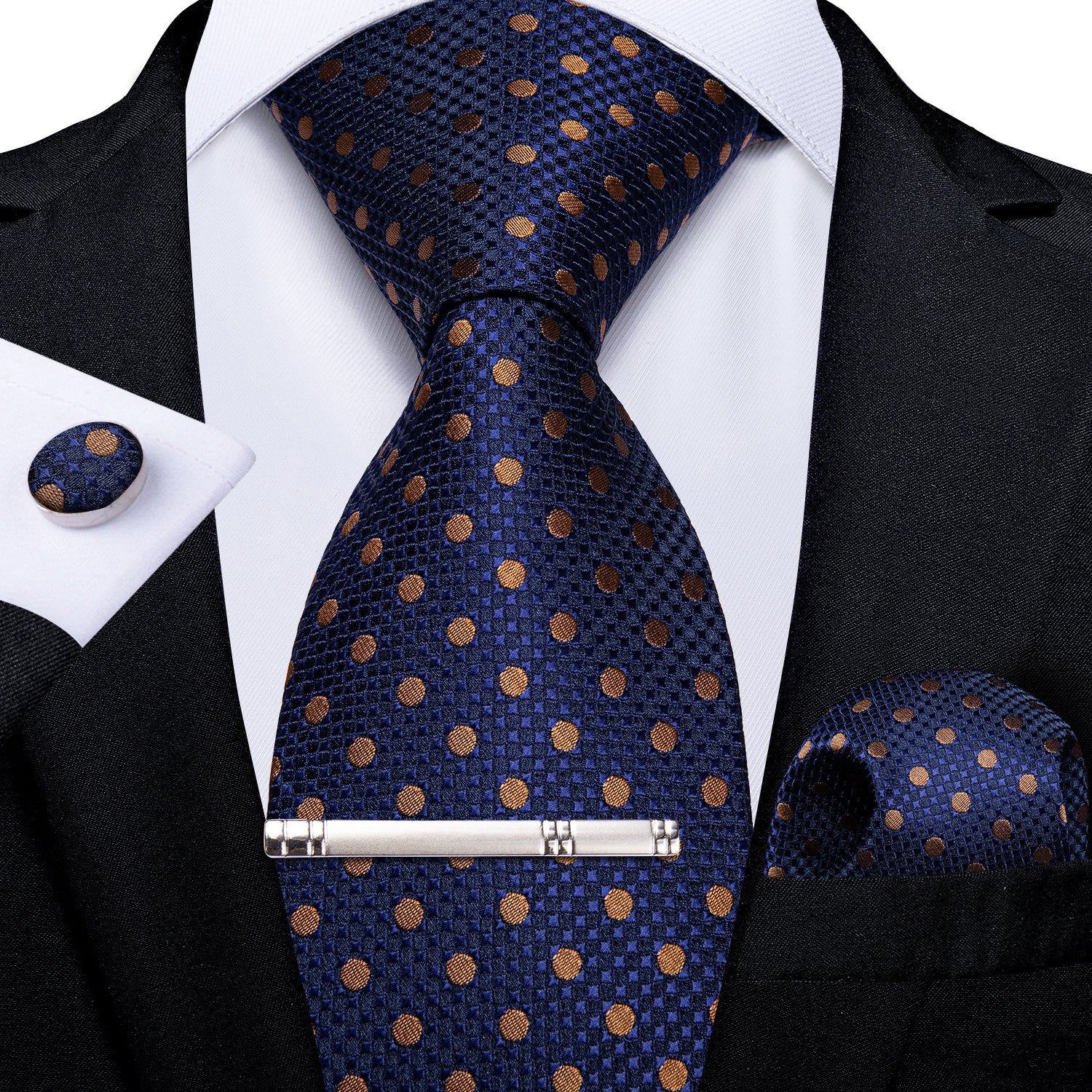 Blue Brown Polka Dot Men's Tie Handkerchief Cufflinks Clip Set