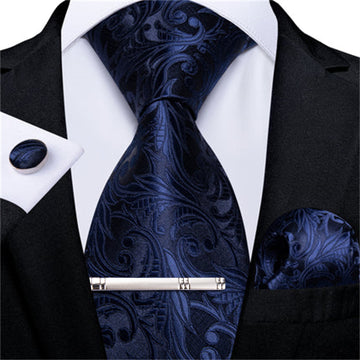 Blue Floral Paisley Men's Silk Tie Handkerchief Cufflinks Clip Set