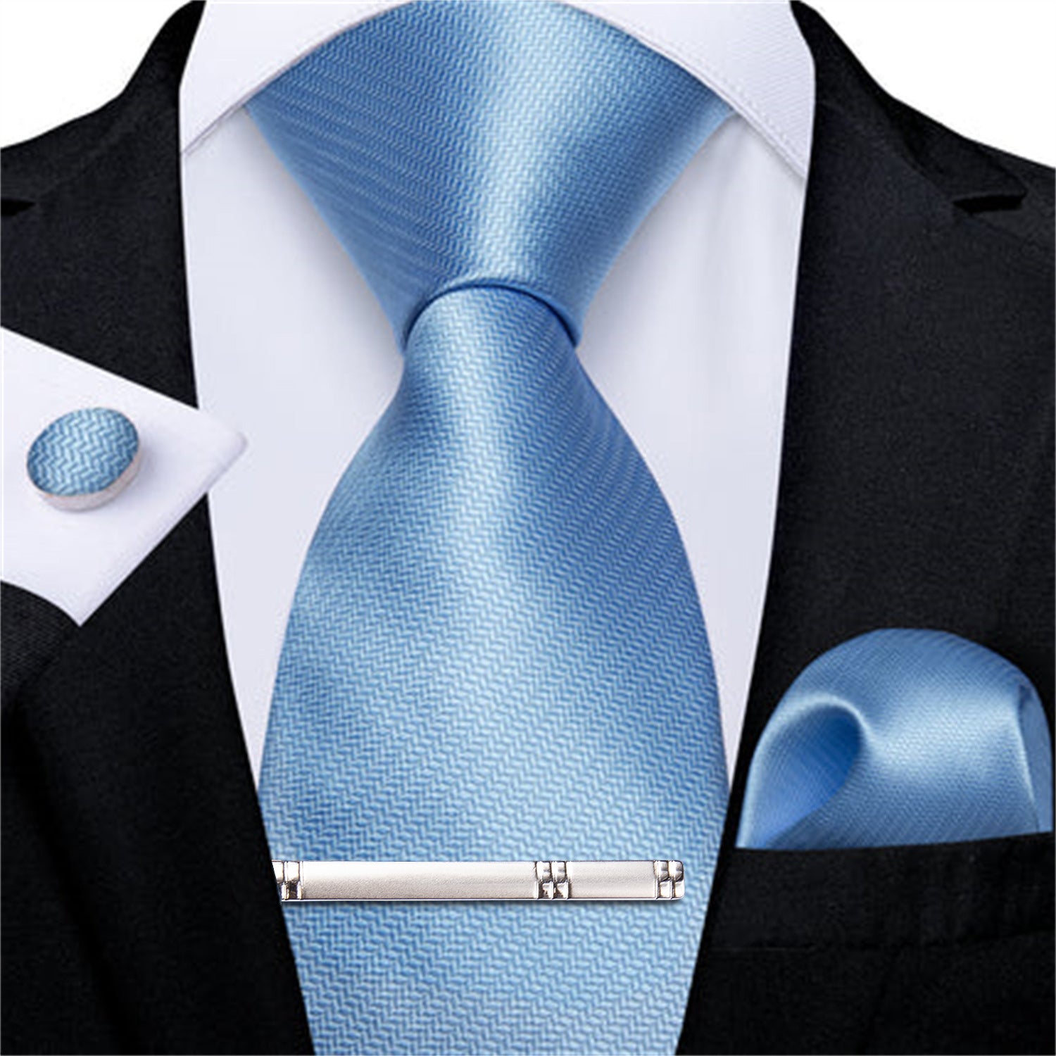 Sky Blue Solid Men's Silk Tie Handkerchief Cufflinks Clip Set