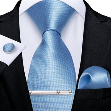 Sky Blue Solid Men's Silk Tie Handkerchief Cufflinks Clip Set