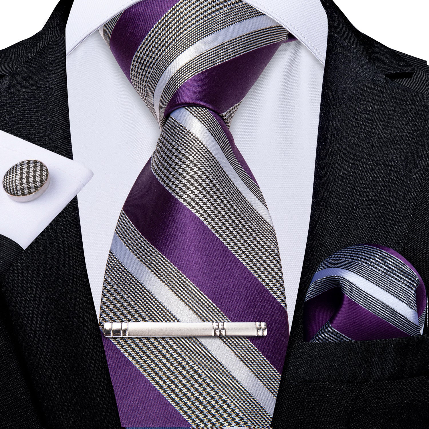 Purple Grey Striped Men's Tie Handkerchief Cufflinks Clip Set