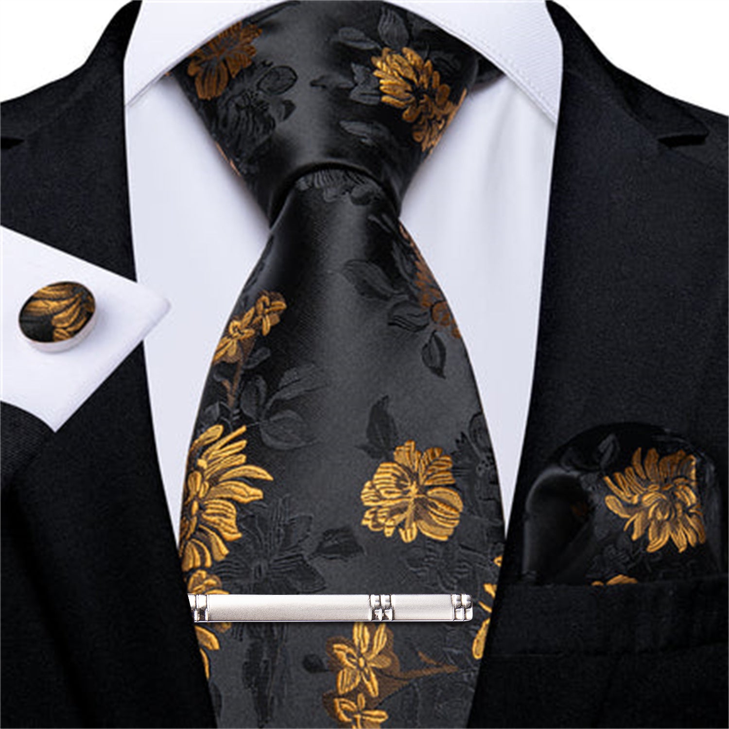 Black Golden Floral Silk Men's Tie Pocket Square Cufflinks Clip Set