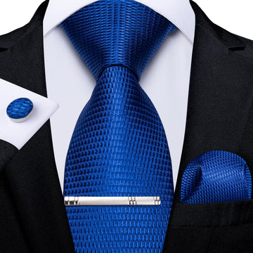 DiBanGu Blue Solid Silk Men's Tie Handkerchief Cufflinks Clip Set