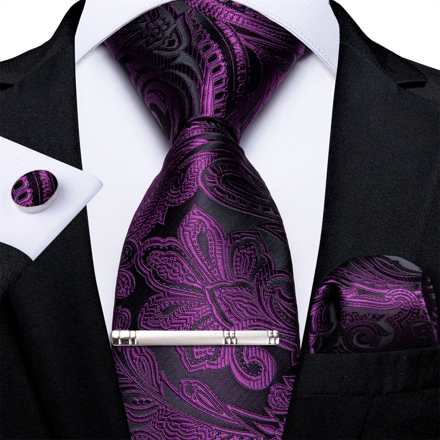 DiBanGu Purple floarl Men's Tie Handkerchief Cufflinks Clip Set