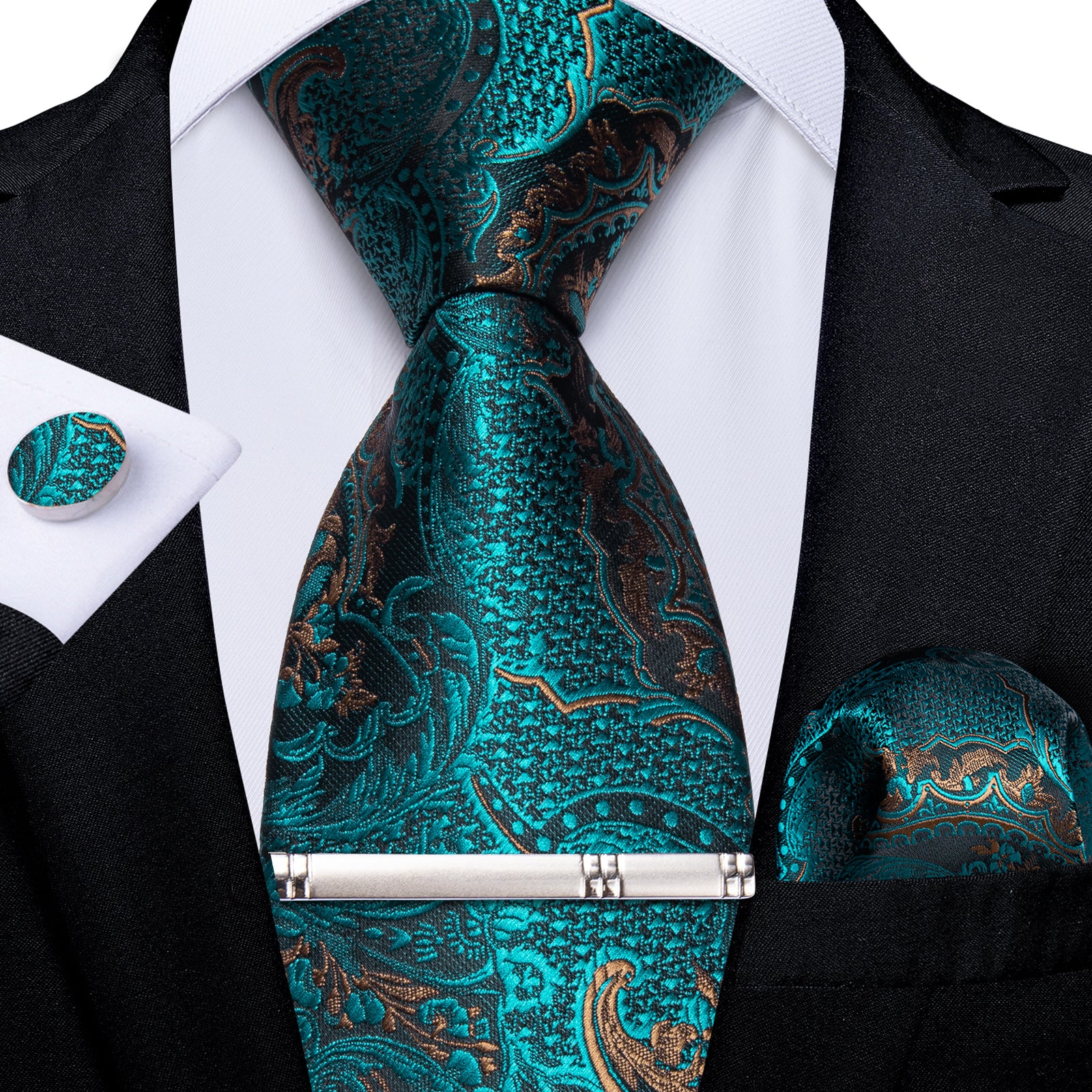 Teal Blue Paisley Men's Tie Pocket Square Cufflinks Clip Set