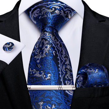 Blue Silver Paisley Men's Tie Pocket Square Cufflinks Clip Set