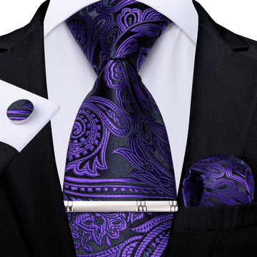 Luxury Black Purple Floral Men's Tie Handkerchief Cufflinks Clip Set