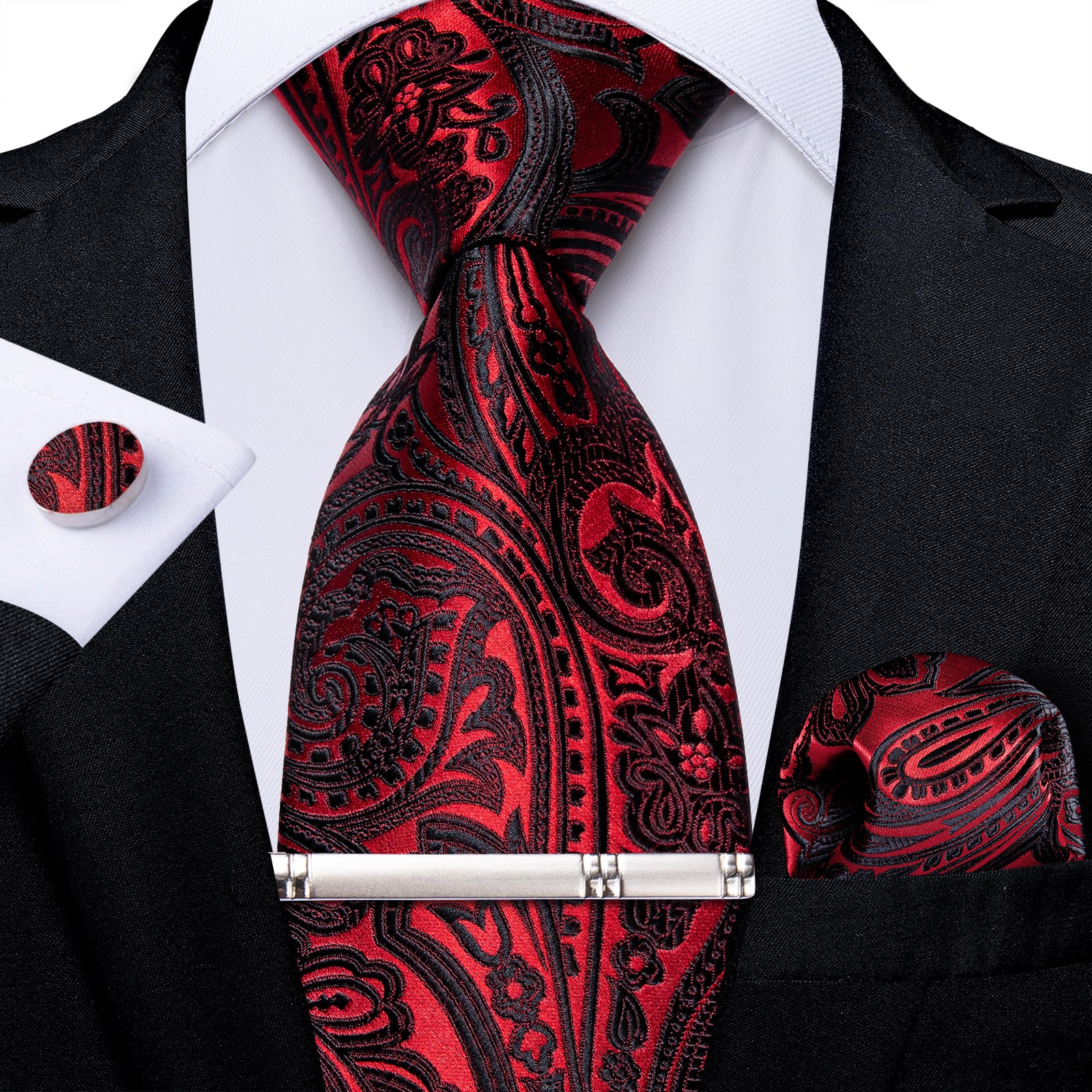 Red Black Floral Men's Tie Handkerchief Cufflinks Clip Set