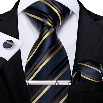 Luxury Blue Gold Stripe Men's Tie Handkerchief Cufflinks Clip Set