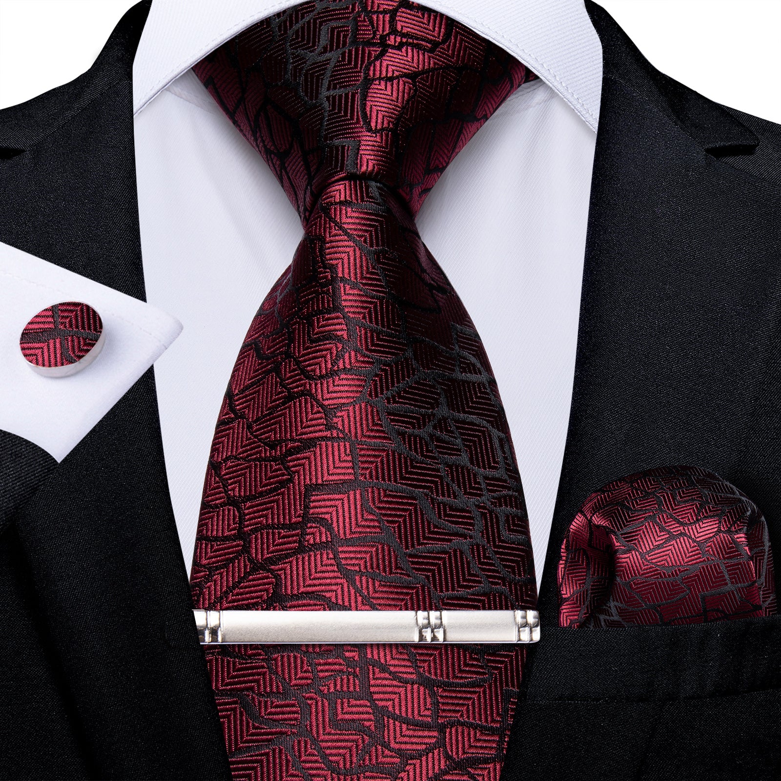 Luxury Claret Black Solid Stripe Men's Tie Handkerchief Cufflinks Clip Set