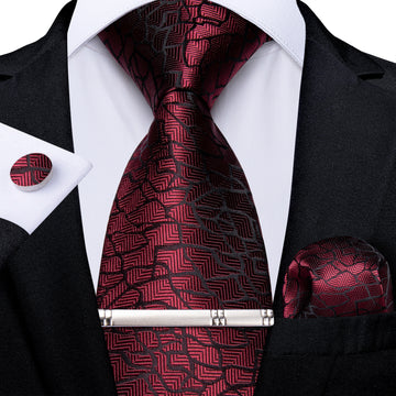 Luxury Claret Black Solid Stripe Men's Tie Handkerchief Cufflinks Clip Set