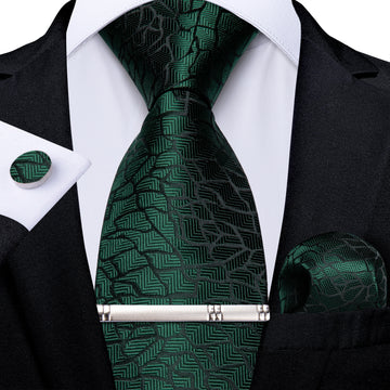 Luxury Green Black Solid Stripe Men's Tie Handkerchief Cufflinks Clip Set