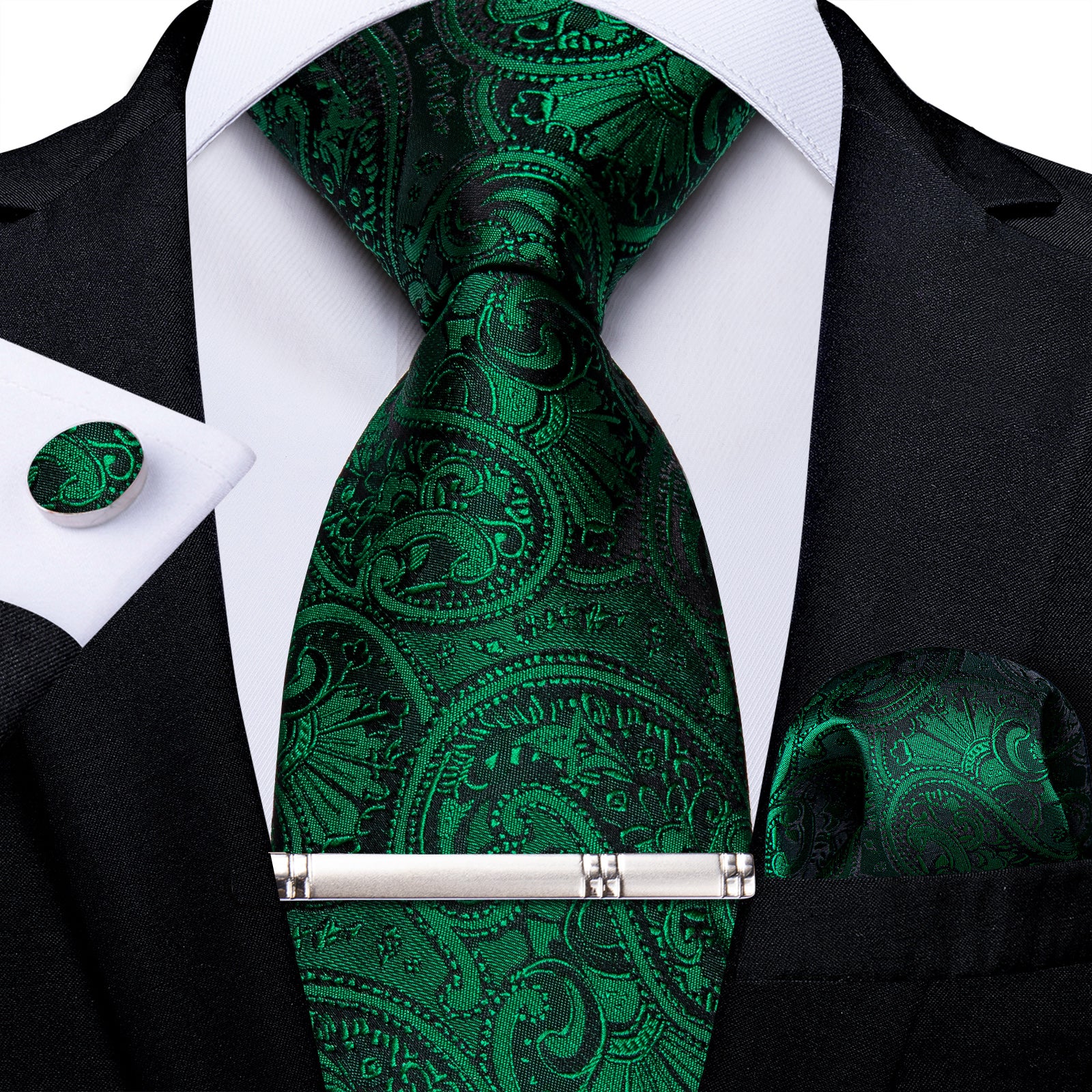 Classy Green Floral Men's Tie Pocket Square Cufflinks Clip Set