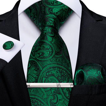 Classy Green Floral Men's Tie Pocket Square Cufflinks Clip Set