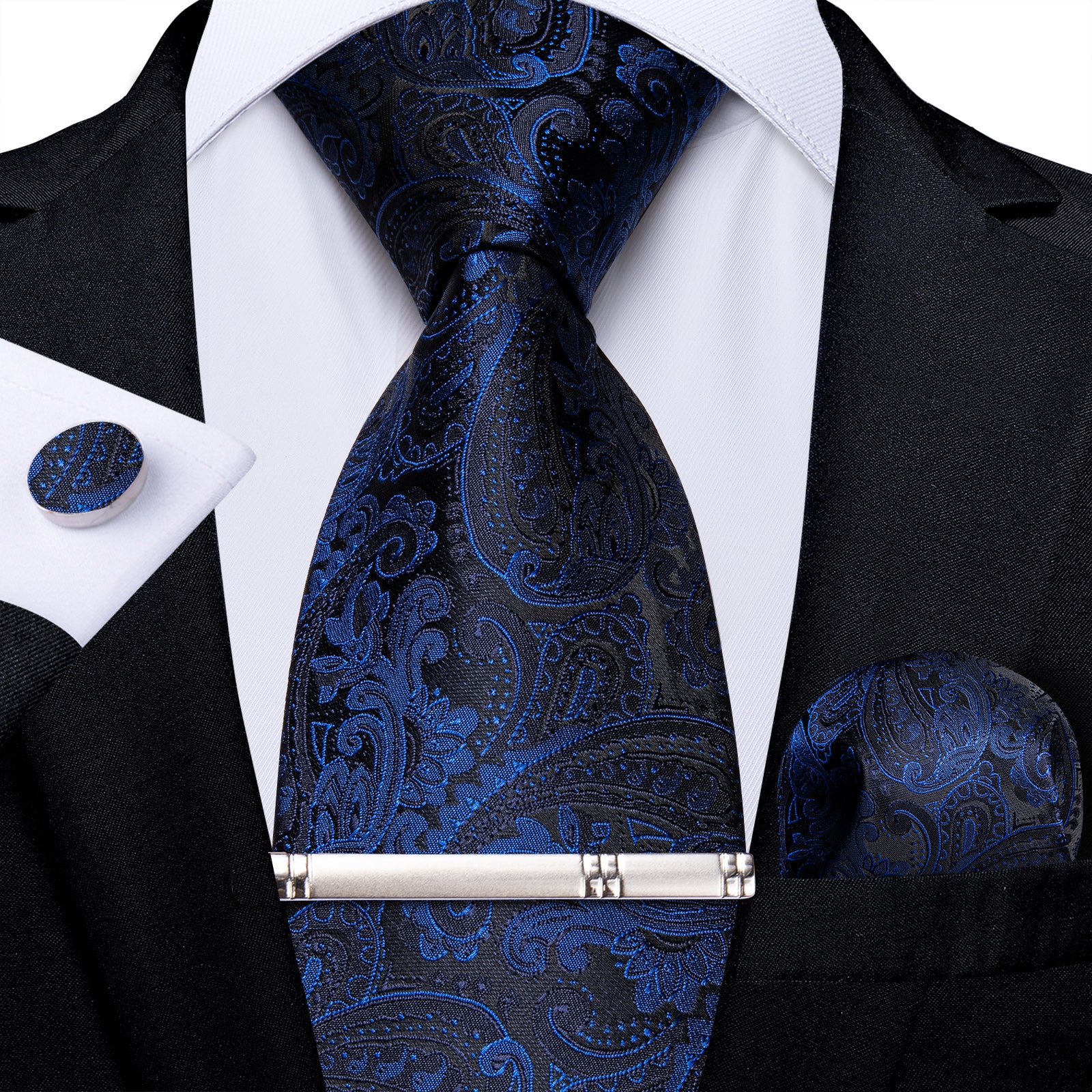 Luxury Black Blue Floral Men's Tie Handkerchief Cufflinks Clip Set