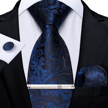 Luxury Black Blue Floral Men's Tie Handkerchief Cufflinks Clip Set