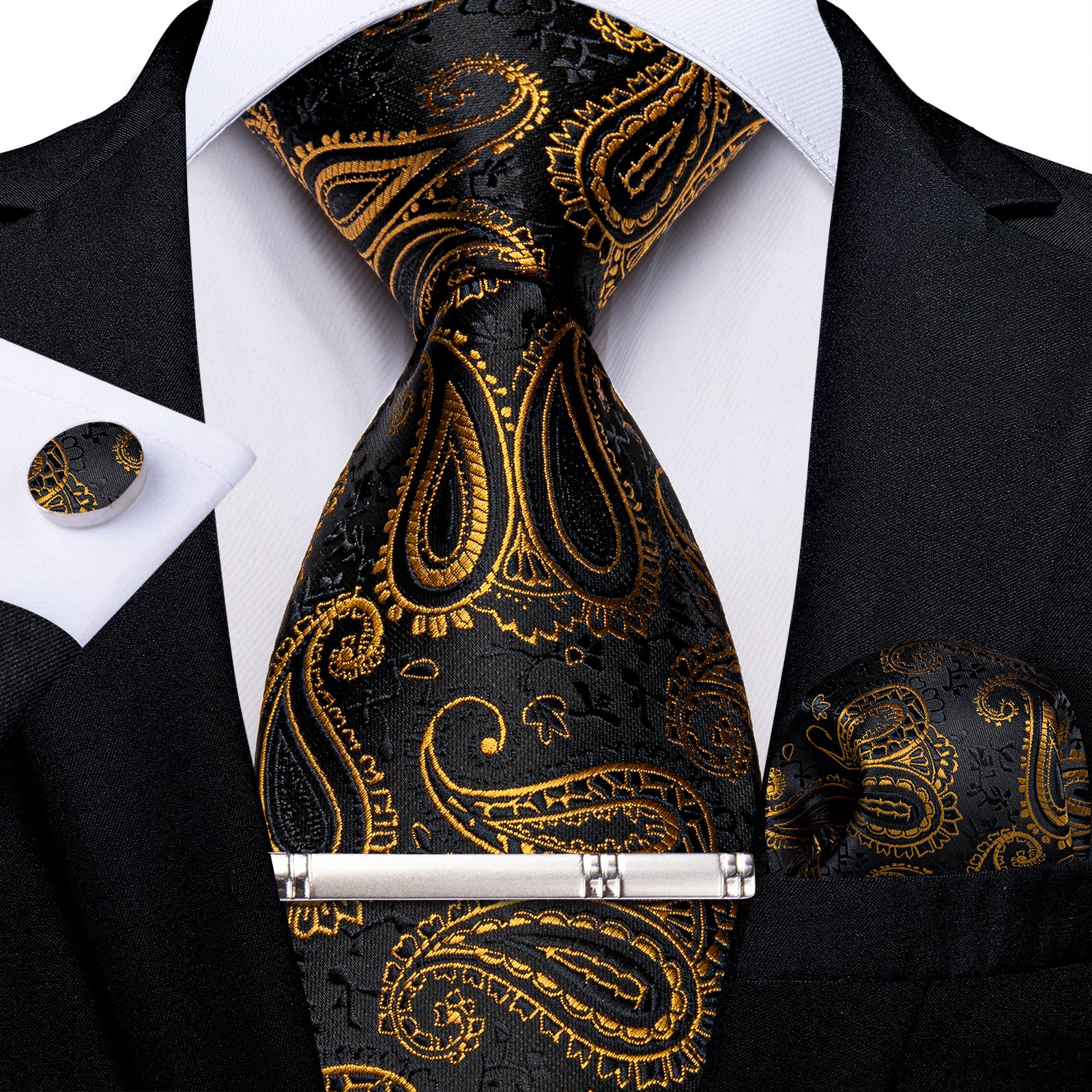 Black Golden Paisley Men's Tie Handkerchief Cufflinks Clip Set