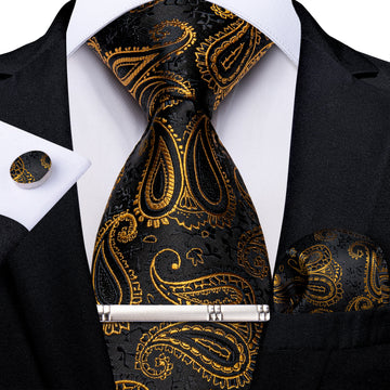 Black Golden Paisley Men's Tie Handkerchief Cufflinks Clip Set
